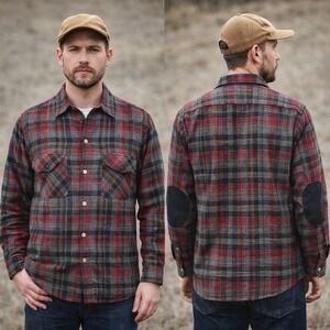 Vintage Pendleton Wool Flannel Shirt Mens Medium Red Plaid Elbow Patches 1960s